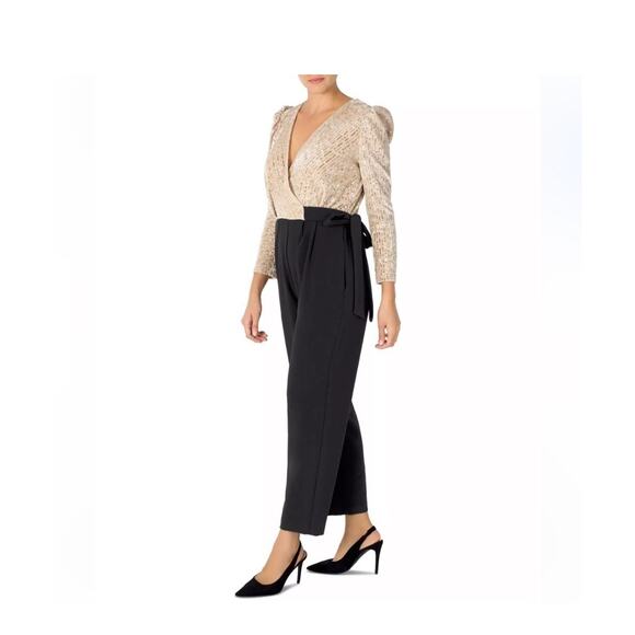 Julia Jordan NEW Crepe Sequin Bodice Puff Long Sleeve Black Ivory Jumpsuit Sz 2 - Picture 1 of 16